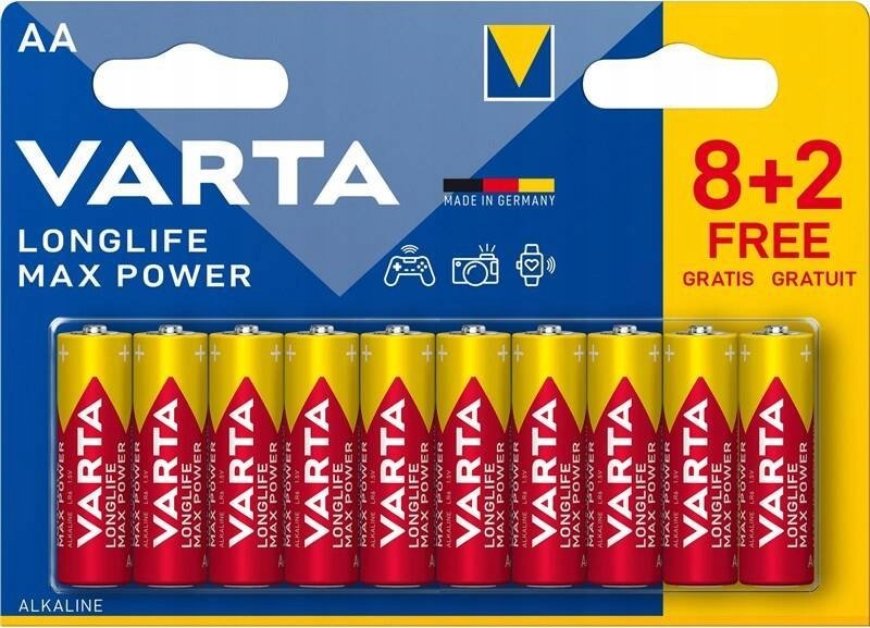 Bateritë alkaline Varta Longlife Max Power AA, 1.5V, paketim 10 copë