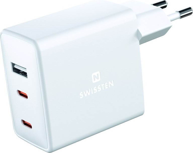 Ѕиден полнач Swissten GaN, 70W, 2x USB C и USB, бел