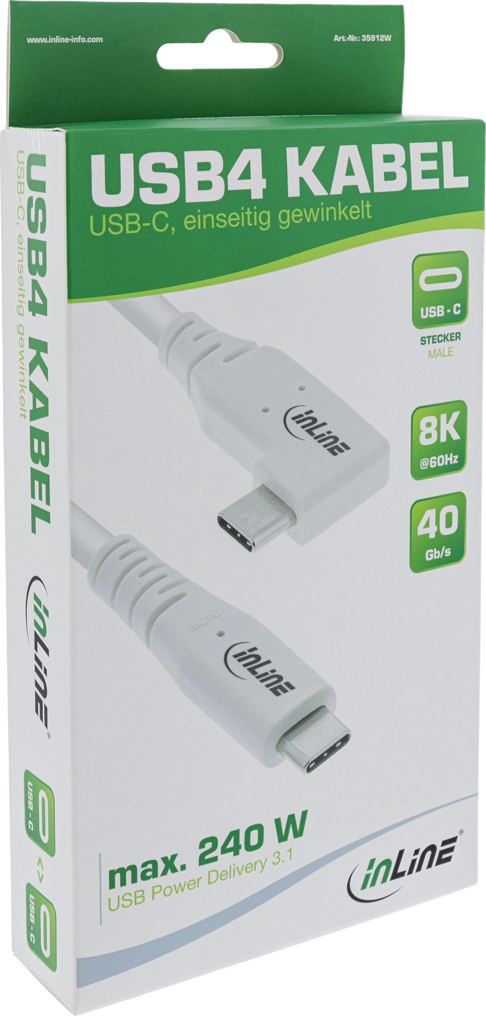 Kabllo USB InLine USB4, USB C me kënd, PD 240W, 1m, e bardhë