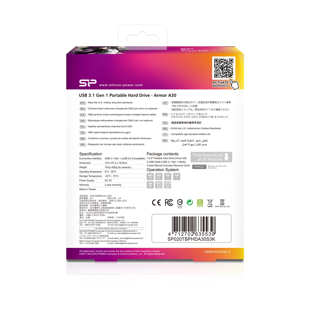 Disk i jashtëm Silicon Power Armor A30, 2TB, USB 3.0, i zi