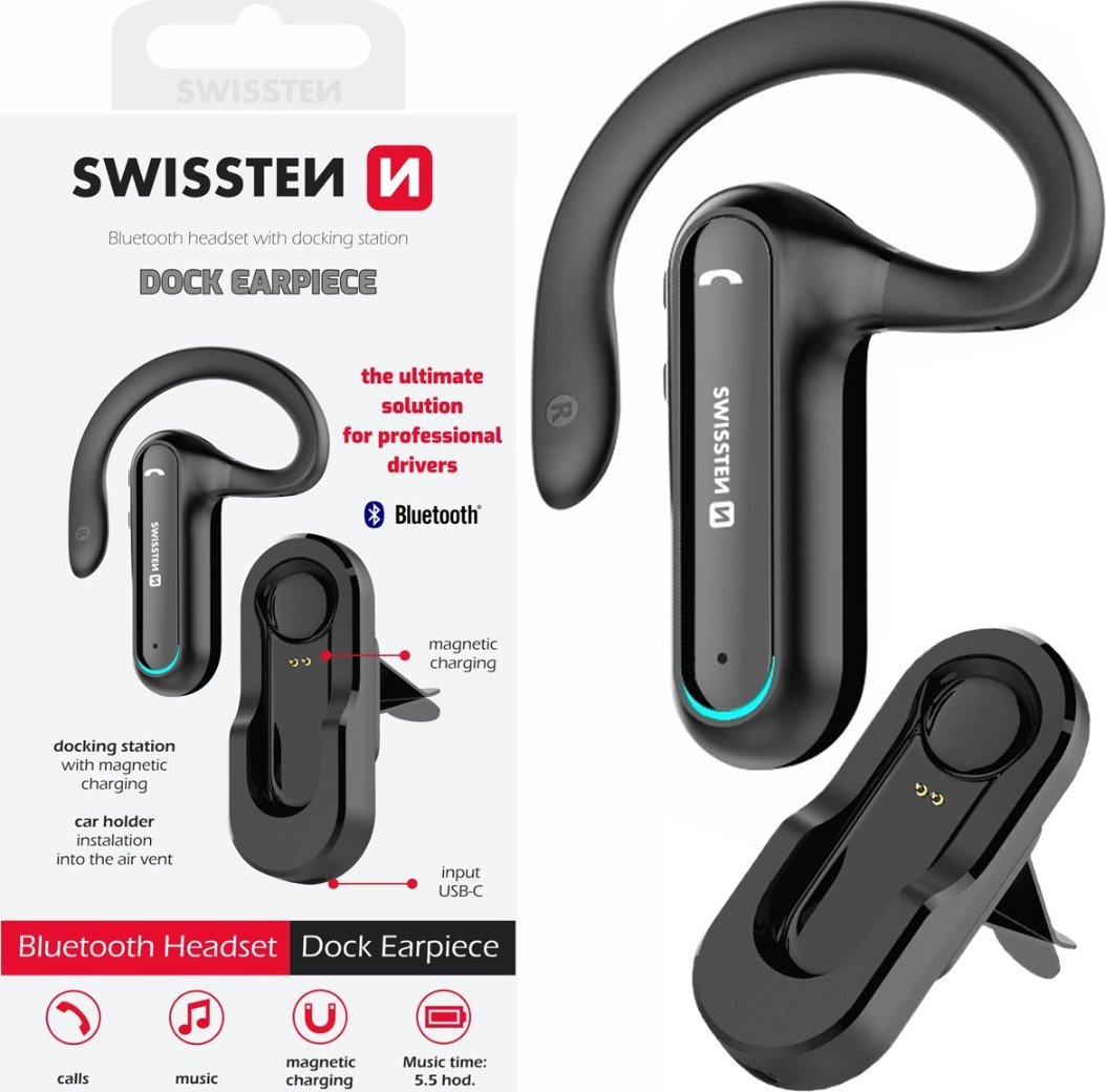 Kufje Bluetooth Swissten Dock Earpiece, me qëndrim magnetik, e zezë