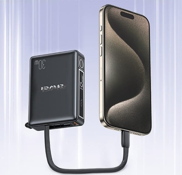 Powerbank Awei P87K, 10000mAh, 30W, me kabllo të integruar, i zi