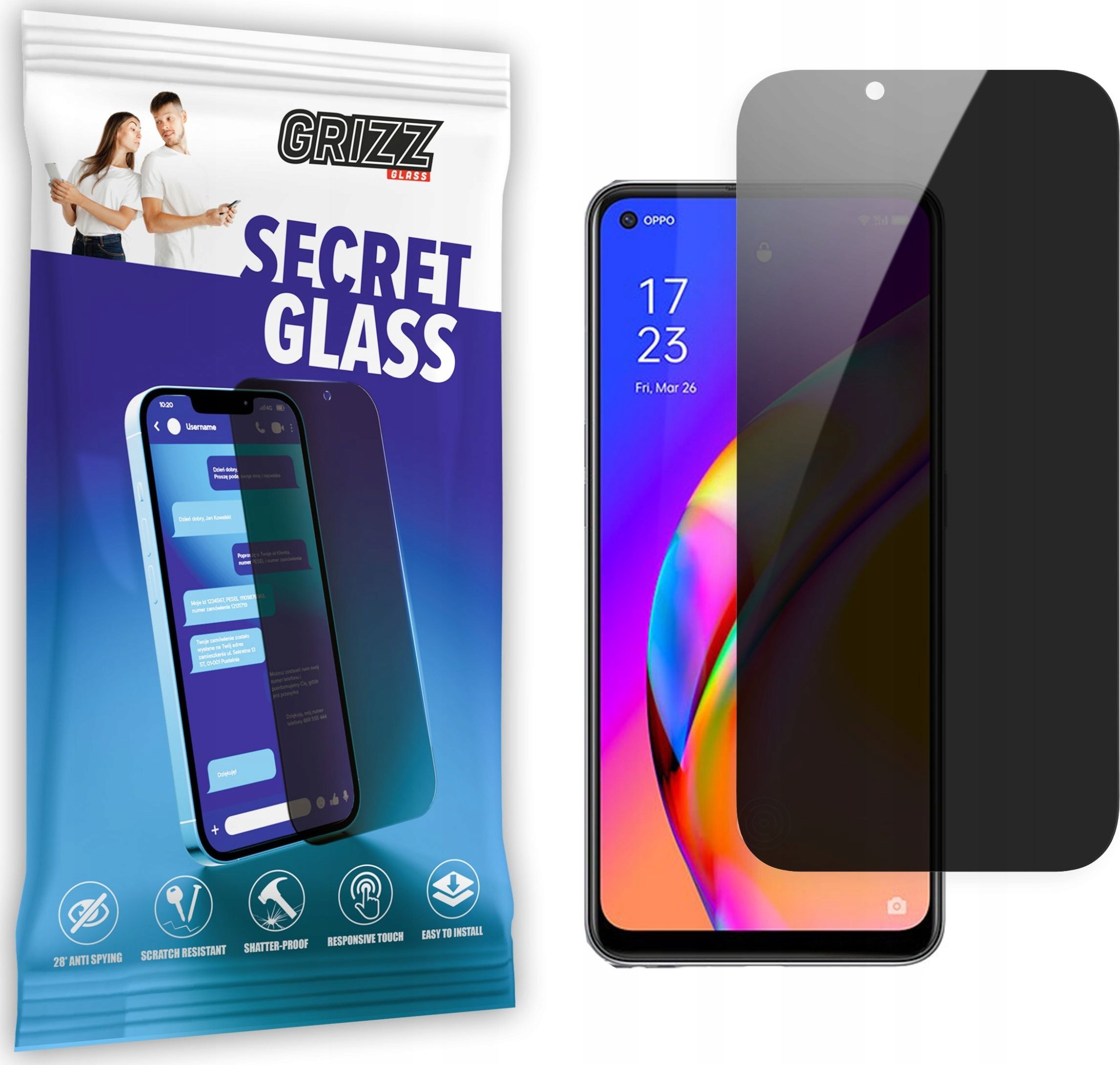 Xham mbrojtës privatësie Grizz SecretGlass për Oppo F19 Pro+ 5G, xham qeramik, veshje oleofobike, transparent
