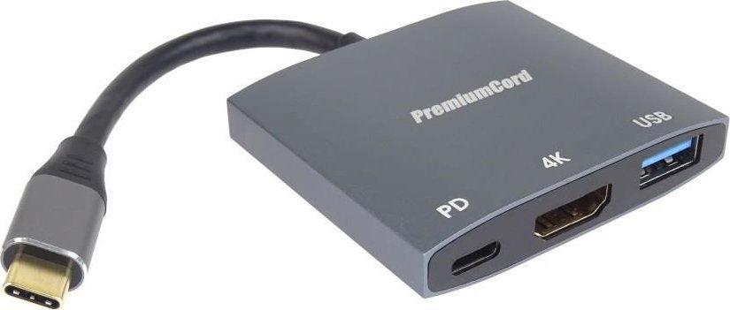 Adapter USB C PremiumCord, HDMI, USB 3.0, PD, gri