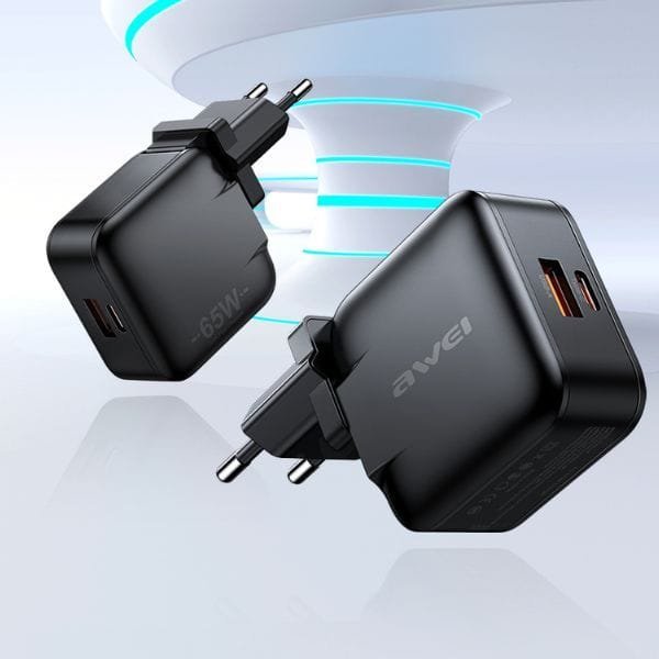 Karikues muri Awei PD55-EU, 65W, USB dhe USB-C GaN, i zi