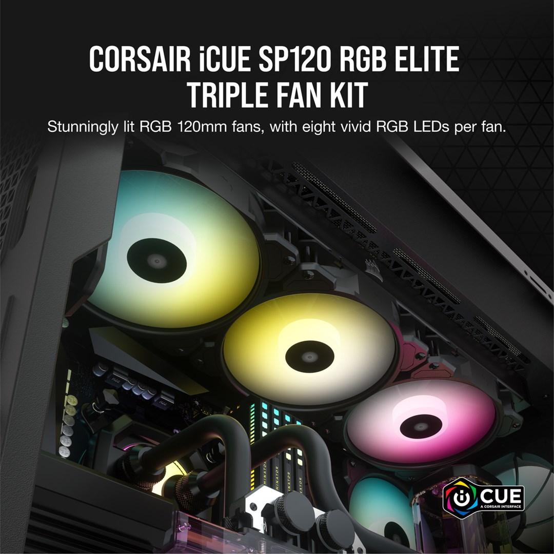 Сет вентилатори CORSAIR iCUE SP120 RGB ELITE, 120mm, PWM, 1500 RPM, црна