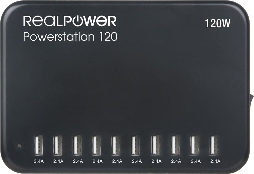 Stacion karikimi RealPower Power Station 120, 10x USB, për brendësi, i zi