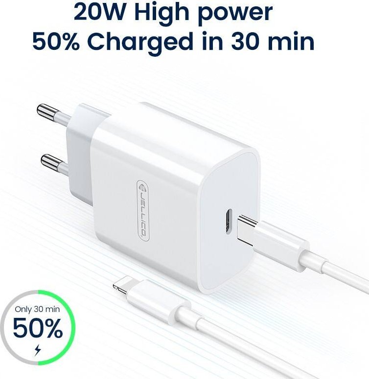 Karikues mural JELLICO AK180, PD 20W, 1x USB C me kabllo USB C Lightning, i bardhë