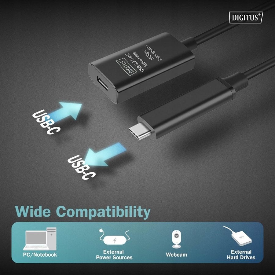 Kabllo zgjatues aktiv Digitus USB 3.2 Gen2, USB-C në USB-C, 5m, gri