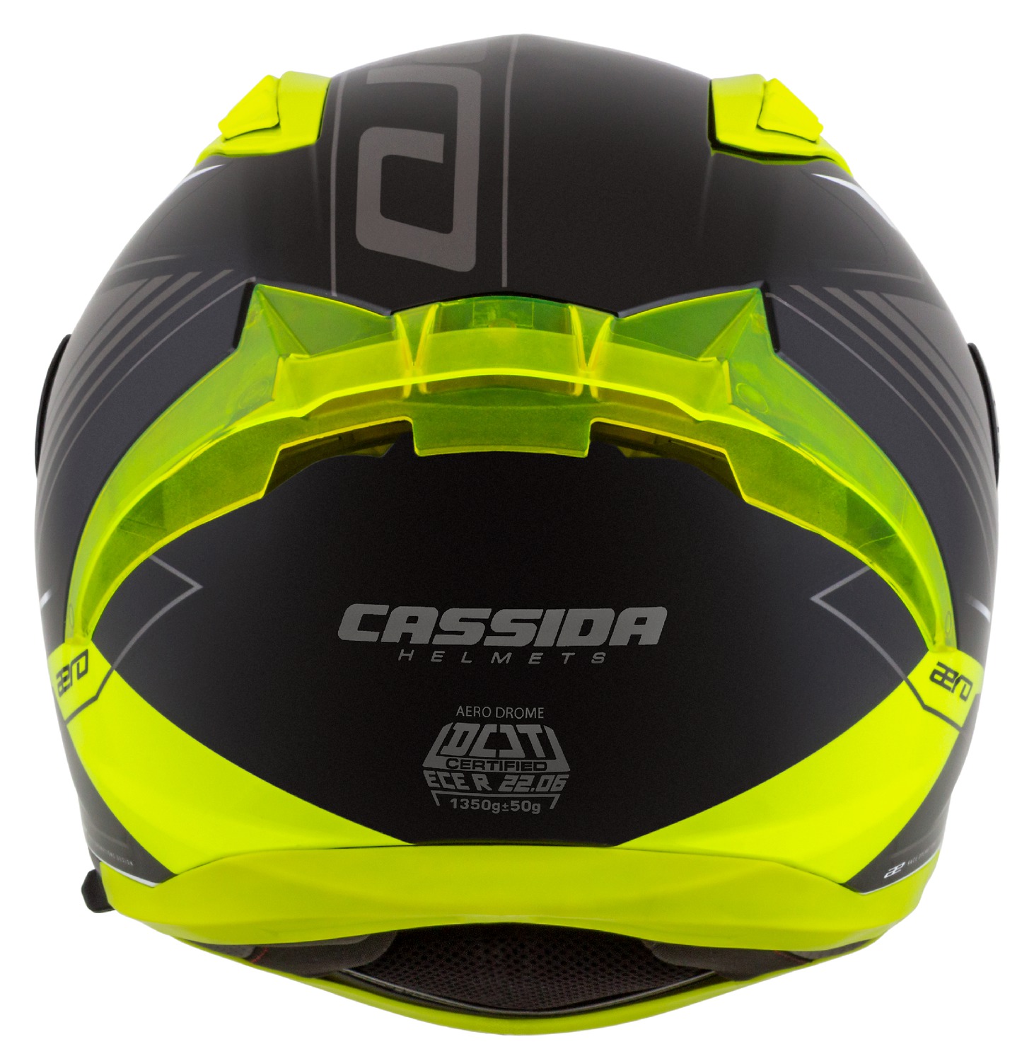 Helmetë moto CASSIDA Aero Drome, integrale, ECE 22.06, e zezë e verdhë fluo e bardhë gri