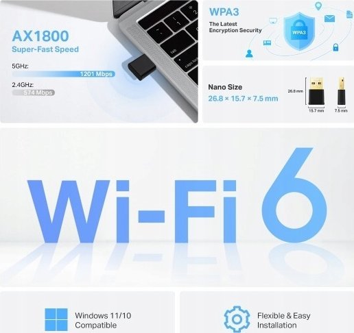 Adapter Wi Fi TP Link Archer AX1800 Nano, USB, Wi Fi 6 1800 Mbit/s, i zi