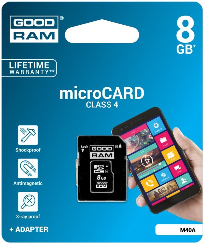 Kartë e memories GOODRAM M40A, MicroSDHC, 8 GB, Class 4 + përshtatës SD