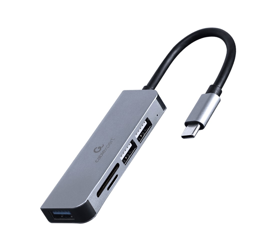 USB Hub Gembird USB-C, 3 porte, lexues kartash, e zezë/e argjendtë
