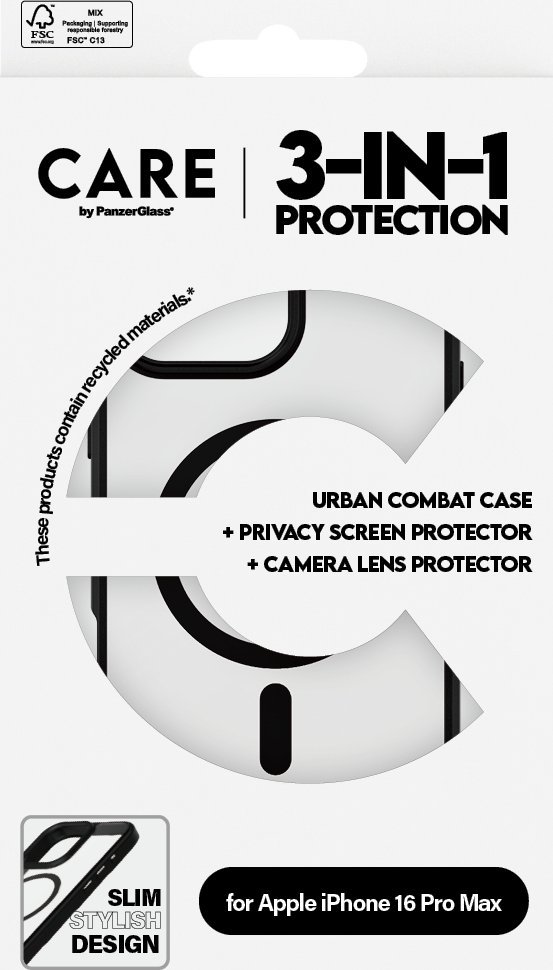 Set mbrojtës CARE by PanzerGlass për iPhone 16 Pro Max, 3 në 1, Privacy Glass, kompatibil me MagSafe, transparent
