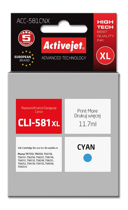 Ngjyrë për printer Activejet ACC-581CNX (zëvendësim për Canon CLI-581C XL), 11.7 ml, e kaltër