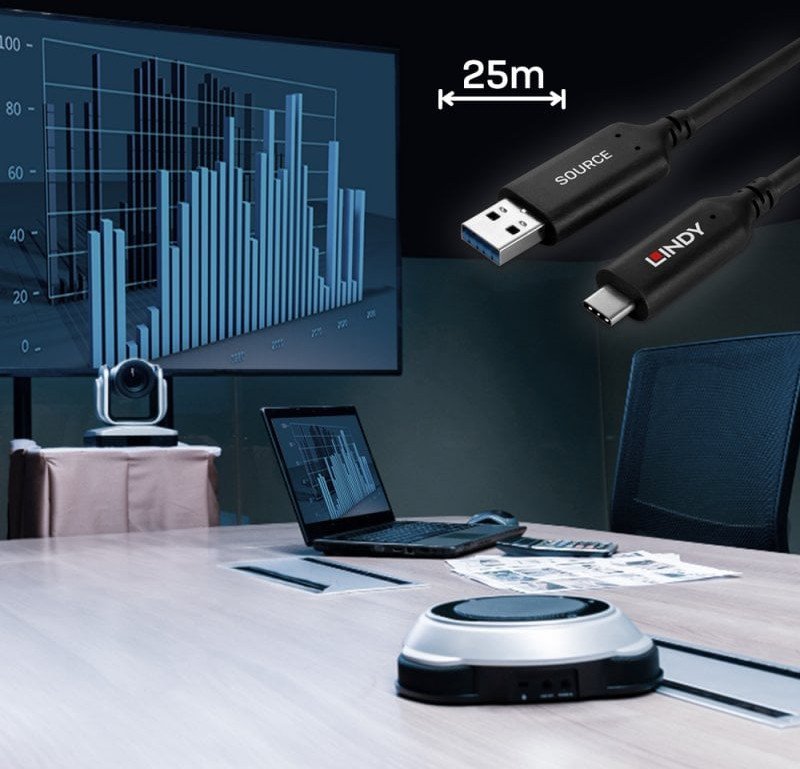 Kabllo USB Lindy USB 3.2 Gen 1, Type A në Type C, 25m, e zezë
