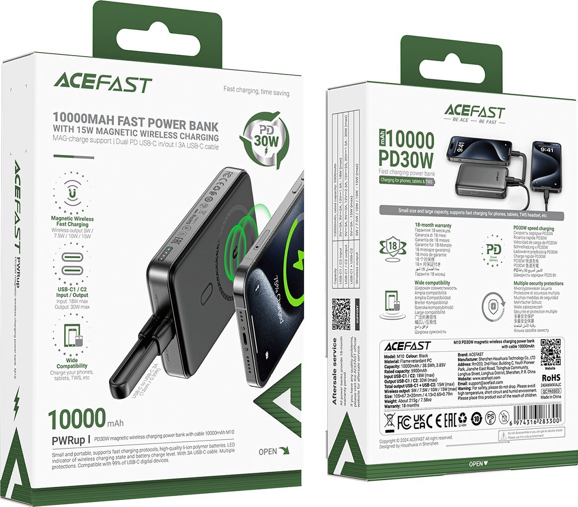 Bateri e jashtme wireless Acefast M10, 10000mAh, 30W PD Qi, e zezë