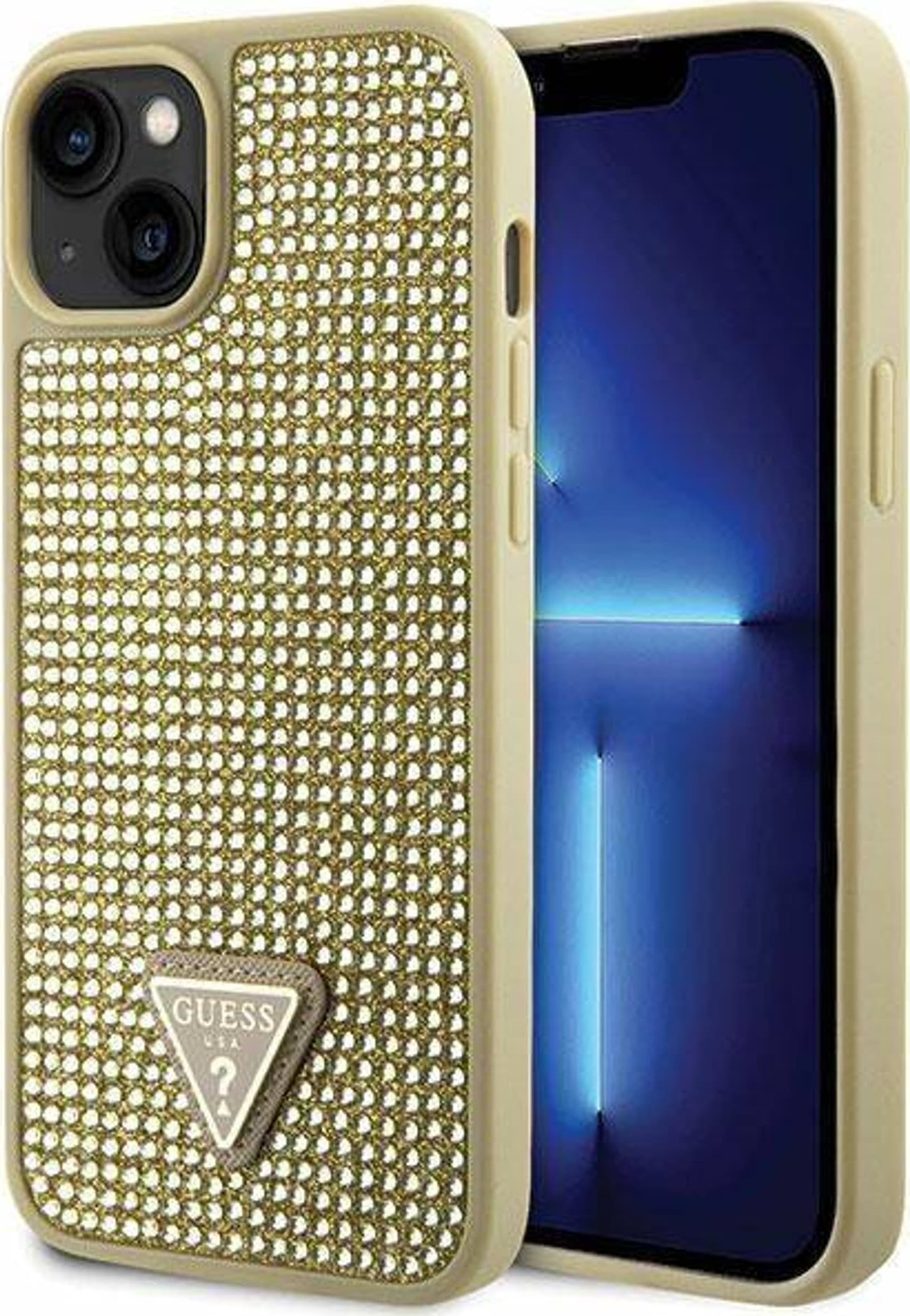 Mbulesë telefoni Guess GUHCP14MHDGTPD për iPhone 14 Plus, hardcase me Rhinestone Triangle, ngjyrë gold