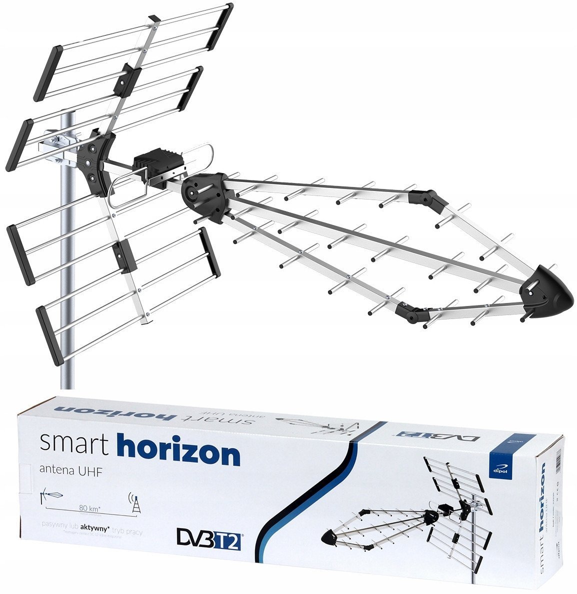 Antena drejtuese SMART HORIZON DVB-T2, përforcues i integruar, për përdorim të jashtëm