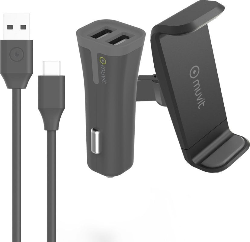 Set aksesorësh makine Muvit, mbajtëse telefoni, karikues 2x USB 2A, kabllo USB Type C, i zi