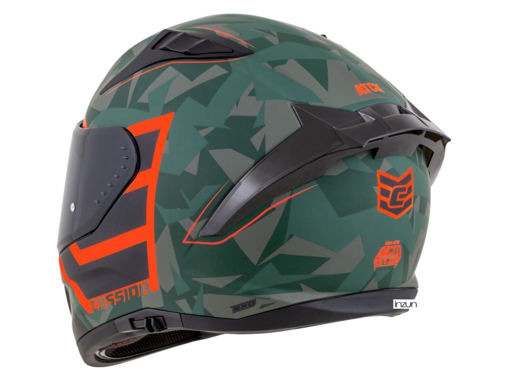 Kaska moto CASSIDA Aero ATCK 2026, integral, ECE 22.06, kamuflazh jeshile e zezë gri portokalli