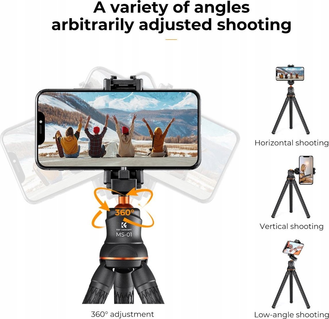 Tripod për telefon dhe kamera K&amp;F Concept Versatile Mini, këmbë fleksibile, me telekomandë Bluetooth, i zi