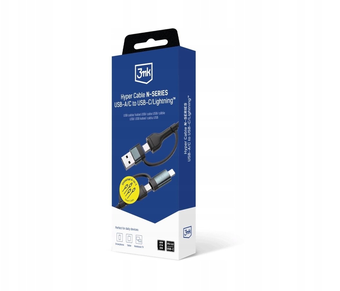 Kабел USB 3MK Hyper Cable N Series, USB A USB C во USB C Lightning, 1.2m, 60W