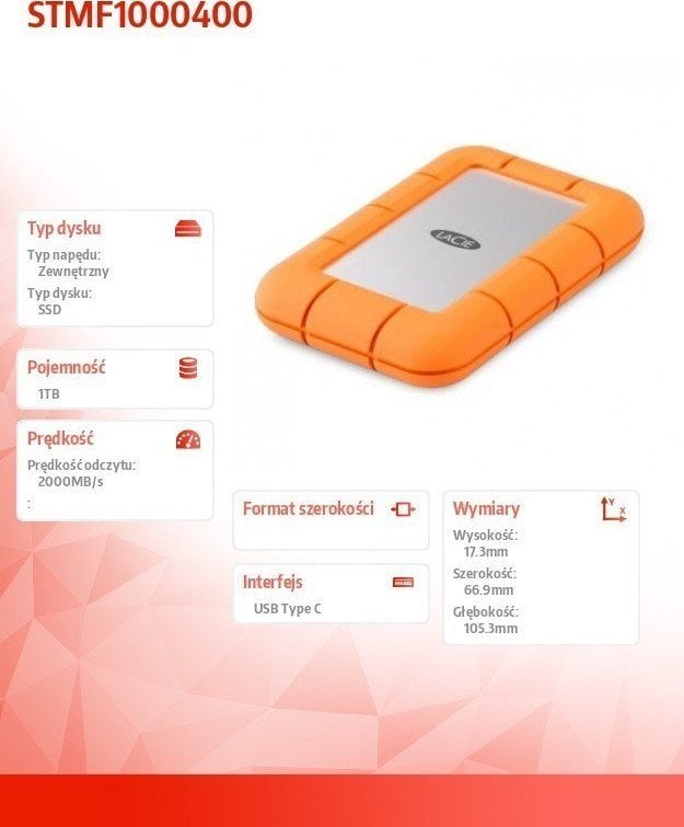 SSD i jashtëm LaCie Rugged Mini 1TB, USB C, silver portokalli