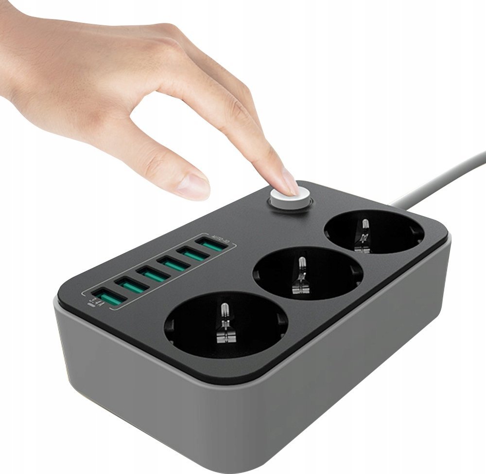 Prizë zgjatëse me 3 dalje dhe 6 porta USB, 1.8m, 2500W, e bardhë