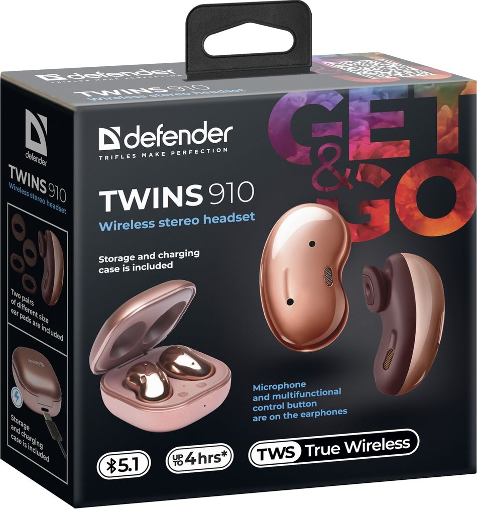 Kufje pa tel Defender Twins 910, True Wireless, kuti karikimi 300mAh, të zeza