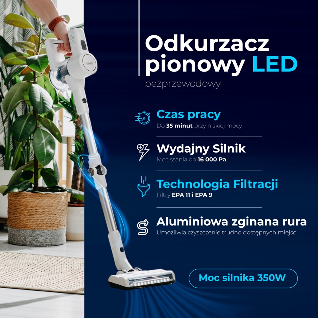 Fshesë me korrent vertikale Adler AD 7060, pa kabllo, LED, e bardhë