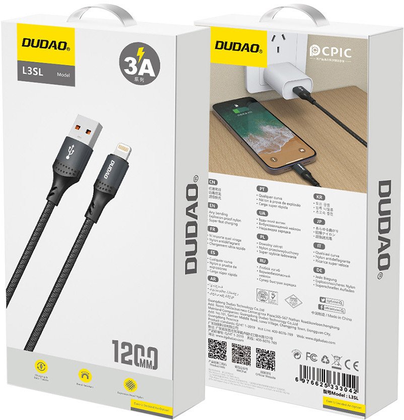 Kабел USB Dudao L3SL, USB A во Lightning, 1.2m, 30W, црн