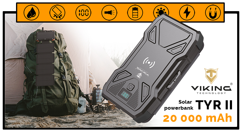 Power bank solare VIKING TYR II, 20000mAh, QC3.0 dhe Power Delivery, e zezë
