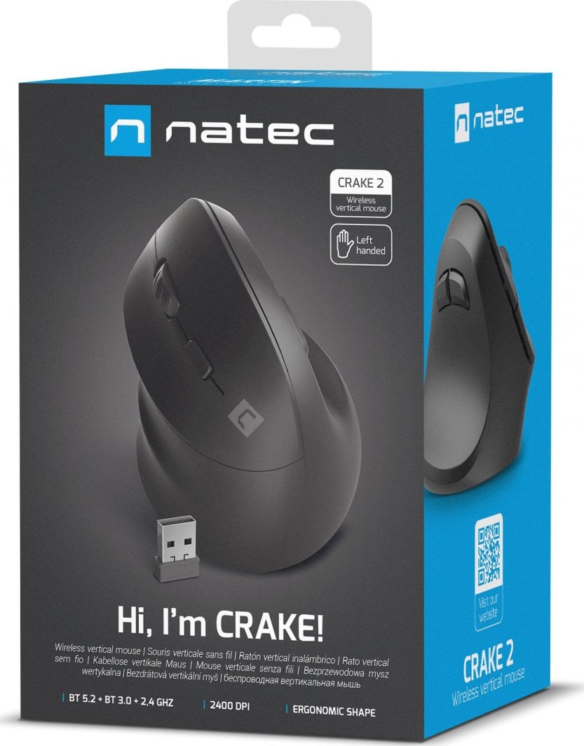 Maus Natec CRAKE, për majtakë, wireless, Bluetooth, USB, i zi