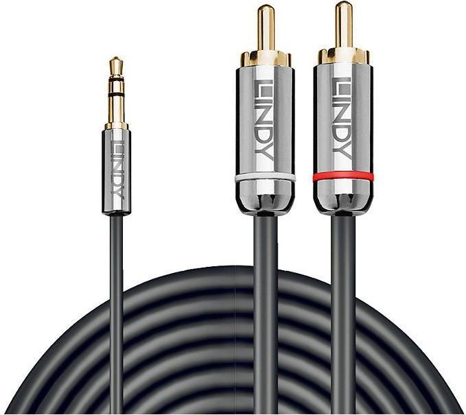 Kabllo Lindy 35334, 2 m, 3.5 mm jack në 2×RCA, e zezë