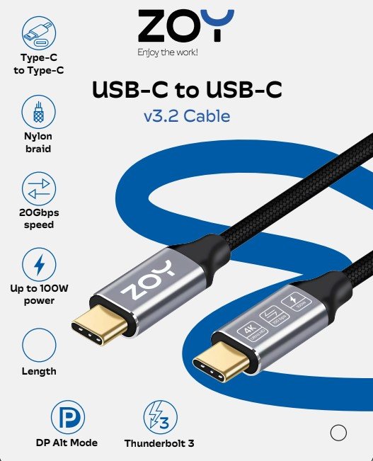Kabllo ZOY USB-C - USB-C, 1m, e zezë/ e argjendë