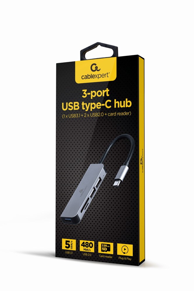 USB Hub Gembird USB-C, 3 porte, lexues kartash, e zezë/e argjendtë