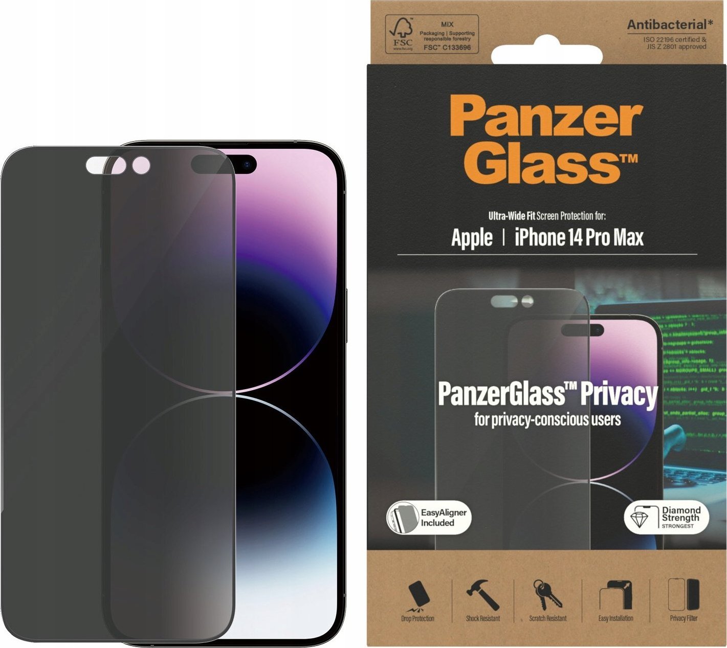 Mbrojtës ekrani PanzerGlass Ultra-Wide Fit, iPhone 14 Pro Max 6.7", privatësi, antibakterial