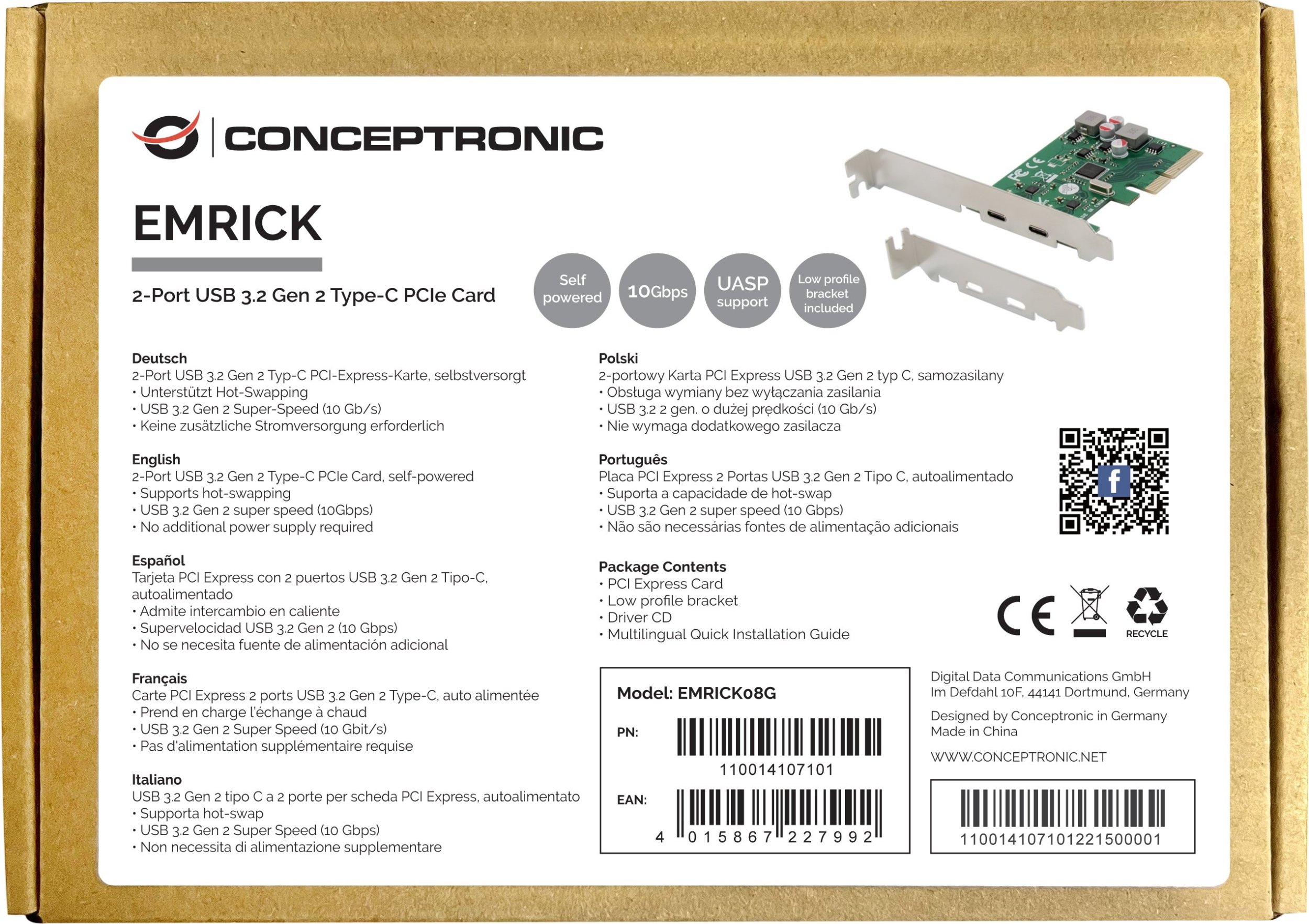 Kарта PCIe Conceptronic EMRICK, 2 порти USB 3.2 Gen 2 Type C, 10 Gbps
