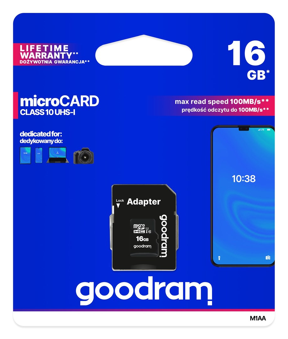 Kartë e memories GOODRAM M1AA-0160R12, MicroSDHC, 16 GB, Class 10 + përshtatës SD