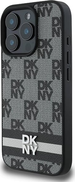 Mbulesë telefoni DKNY PU Leather Checkered për iPhone 16 Pro Max, model me vija, e zezë