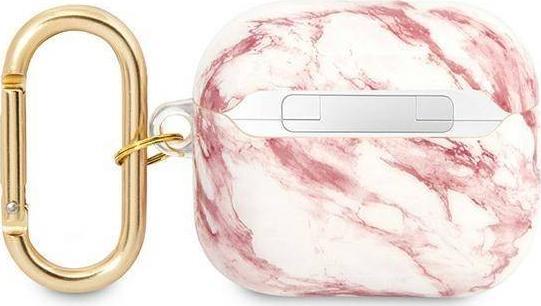 Futrollë mbrojtëse Guess Marble Strap Collection për AirPods 3, me unazë varëse, rozë