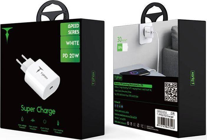 Karikues muri T-Phox iSpeed Charger, 1x USB C, 20W, i bardhë
