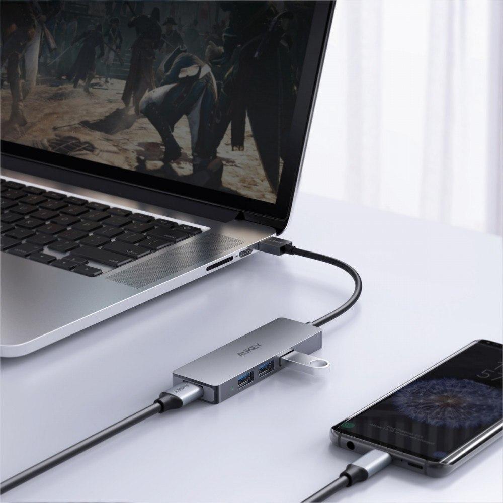 Hub USB Aukey CB-H3, 4 porte, 5 Gbps, argjendtë