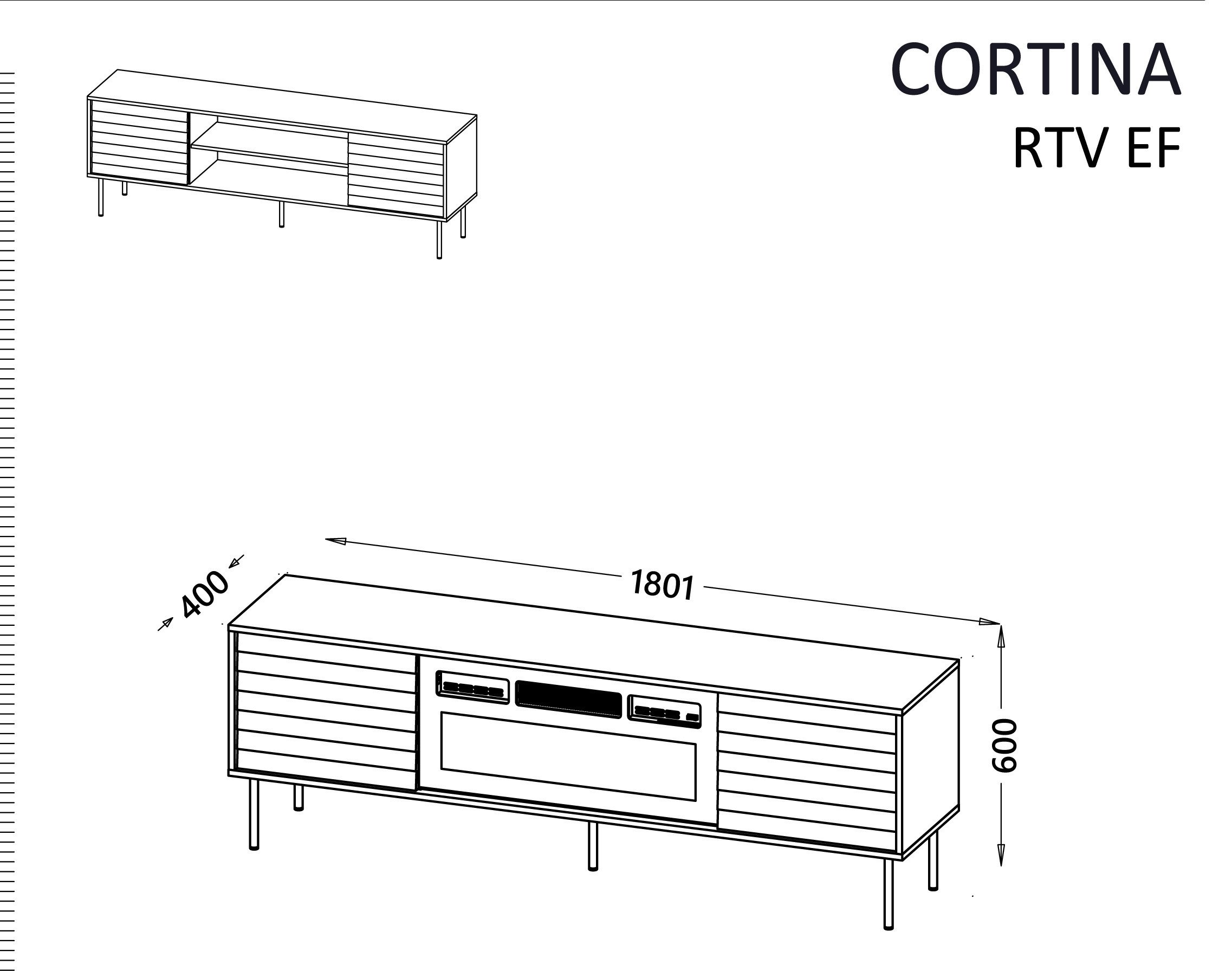 Kabinet TV Cama Meble FELLINI Black, 180x40x60 cm, me dyer PUSH TO OPEN, i zi
