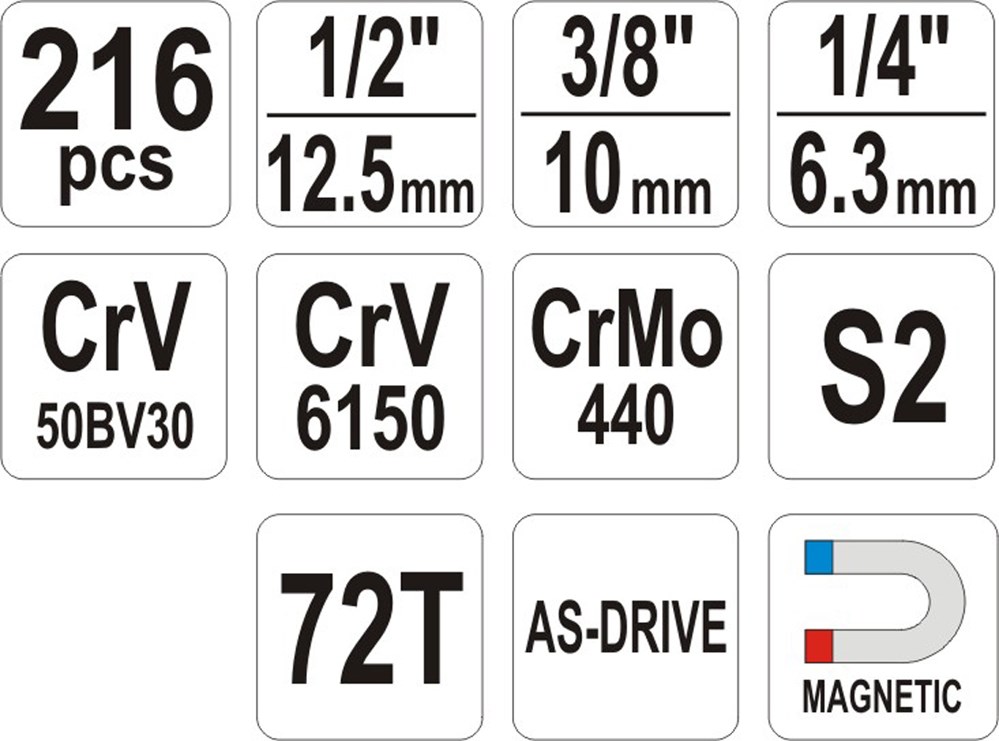 Set veglash Yato YT-38841, 216 pjesë, krom vanadium, argjendtë