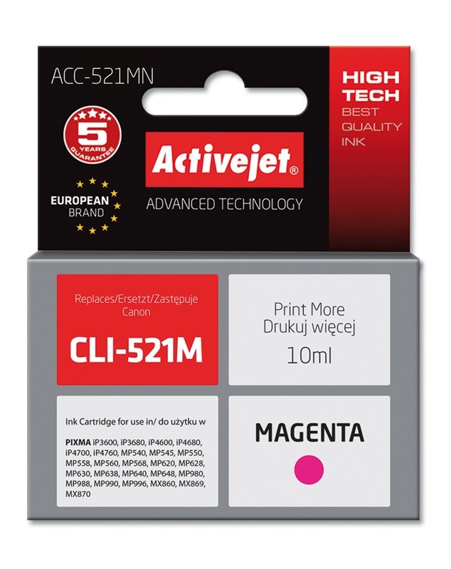 Ngjyrë për printer Activejet ACC-521MN (zëvendësim për Canon CLI-521M), 10 ml, vjollcë