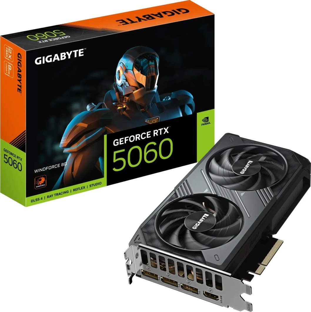 Kartelë grafike Gigabyte GeForce RTX 5060 Windforce, 8GB, GDDR7, DLSS4, e zezë