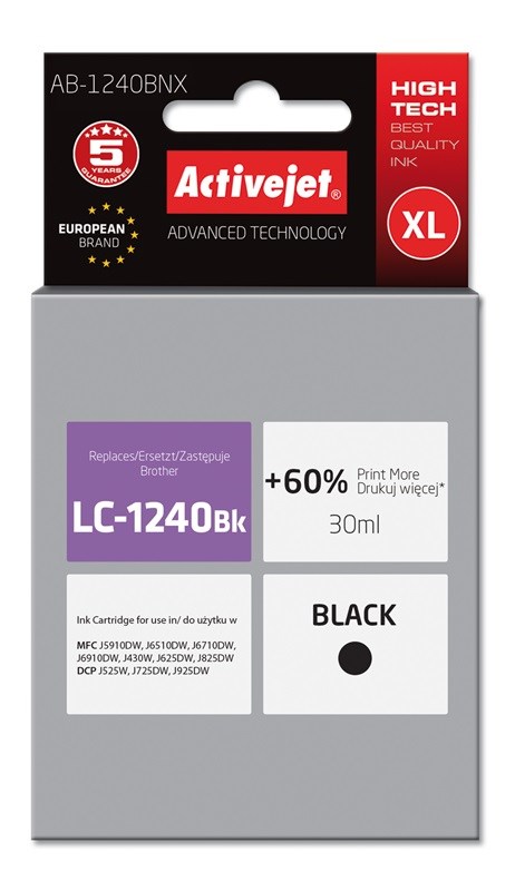 Ngjyrë për printer Activejet AB-1240BNX (zëvendësim për Brother LC1240BK/1220BK), 30 ml, e zezë
