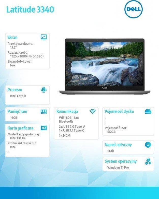 Laptop Dell Latitude 3340, 13.3", Intel Core i7-1355U, 16GB RAM, 512GB SSD